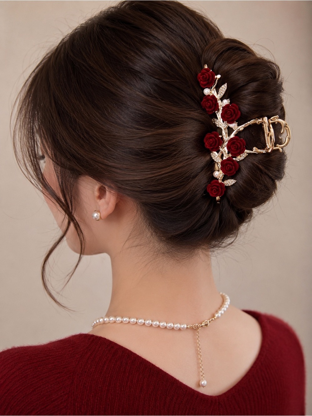Romantic Red Rose Hair Claw Clip Gold Floral Rhinestone Updo Accessory